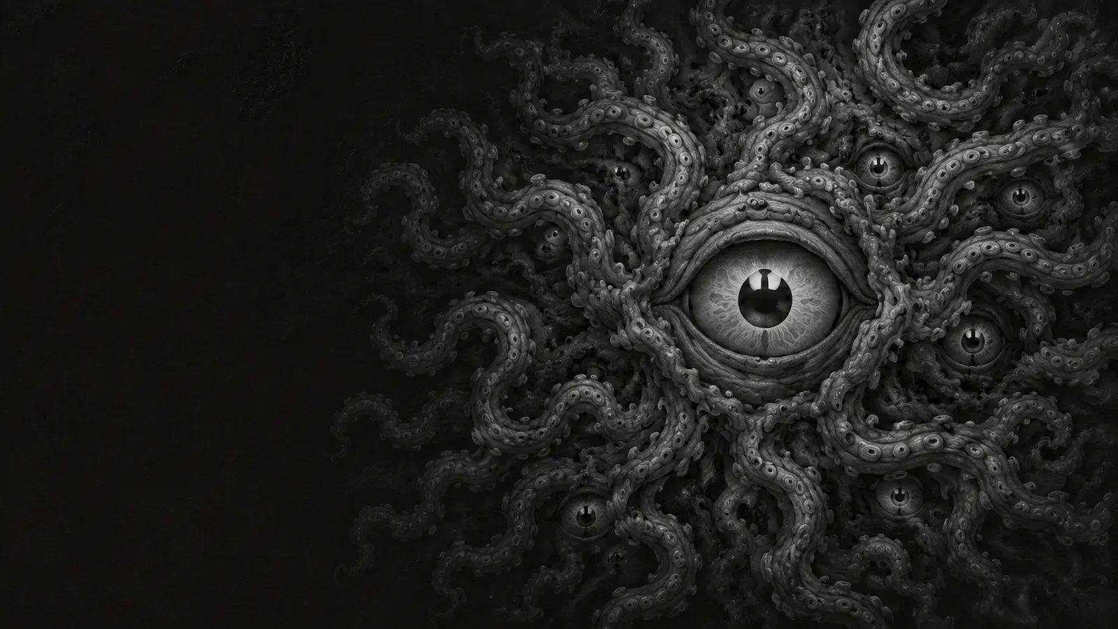A one-eyed Shoggoth emerging from a field of tentacles and concealed eyes