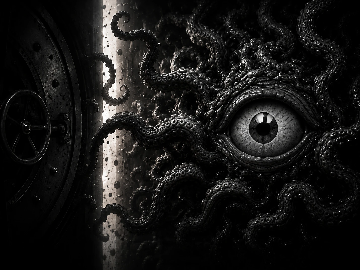A one-eyed Shoggoth emerging through an open vault door