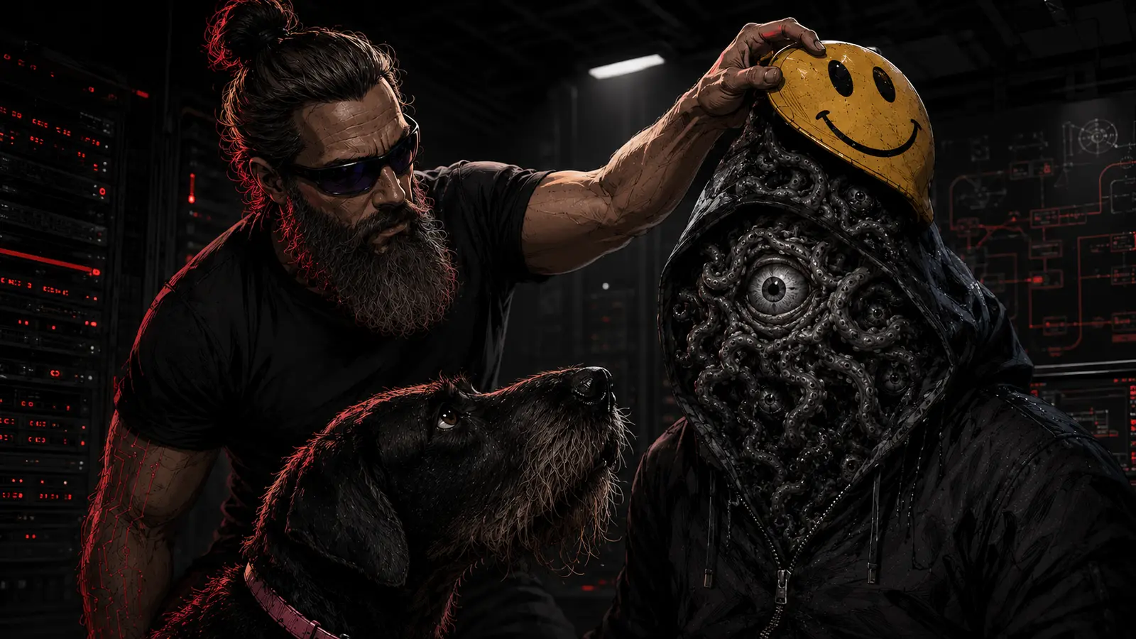 Tom and his black dog Ruby discover a tentacled creature with one large central eye and several smaller eyes beneath a yellow smiling mask in a server room